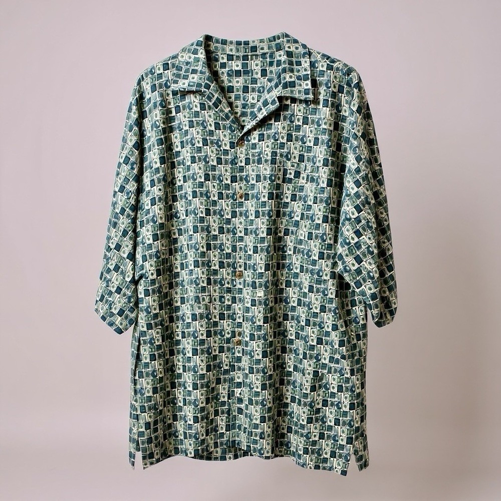 Island Blue Green Hawaiian Shirt 100% Rayon Green Pattern Button Down Shirt XXL